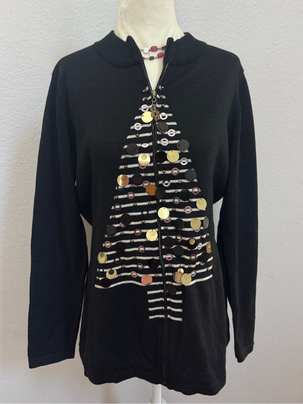 NWOT Berek Black Sequin Stripe Christmas Tree Zip Cardigan medium